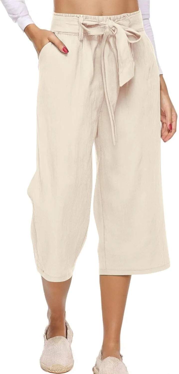 Womens Capri Pants Casual Summer Loose Wide Leg Linen Pants Trendy Tie Belt Elastic Waist Cropped Trouser with Pockets