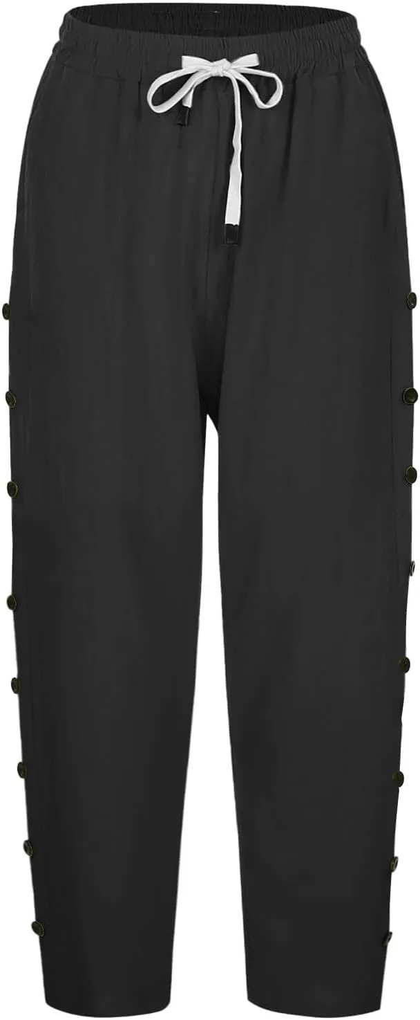 Women's Capri Pants Casual Summer Wide Leg Cotton Linen Cropped Trouser with Pockets Elastic High Waisted Loose Capris