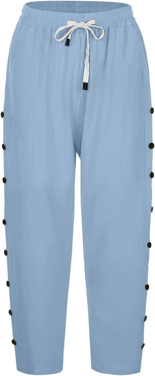 Women's Capri Pants Casual Summer Wide Leg Cotton Linen Cropped Trouser with Pockets Elastic High Waisted Loose Capris