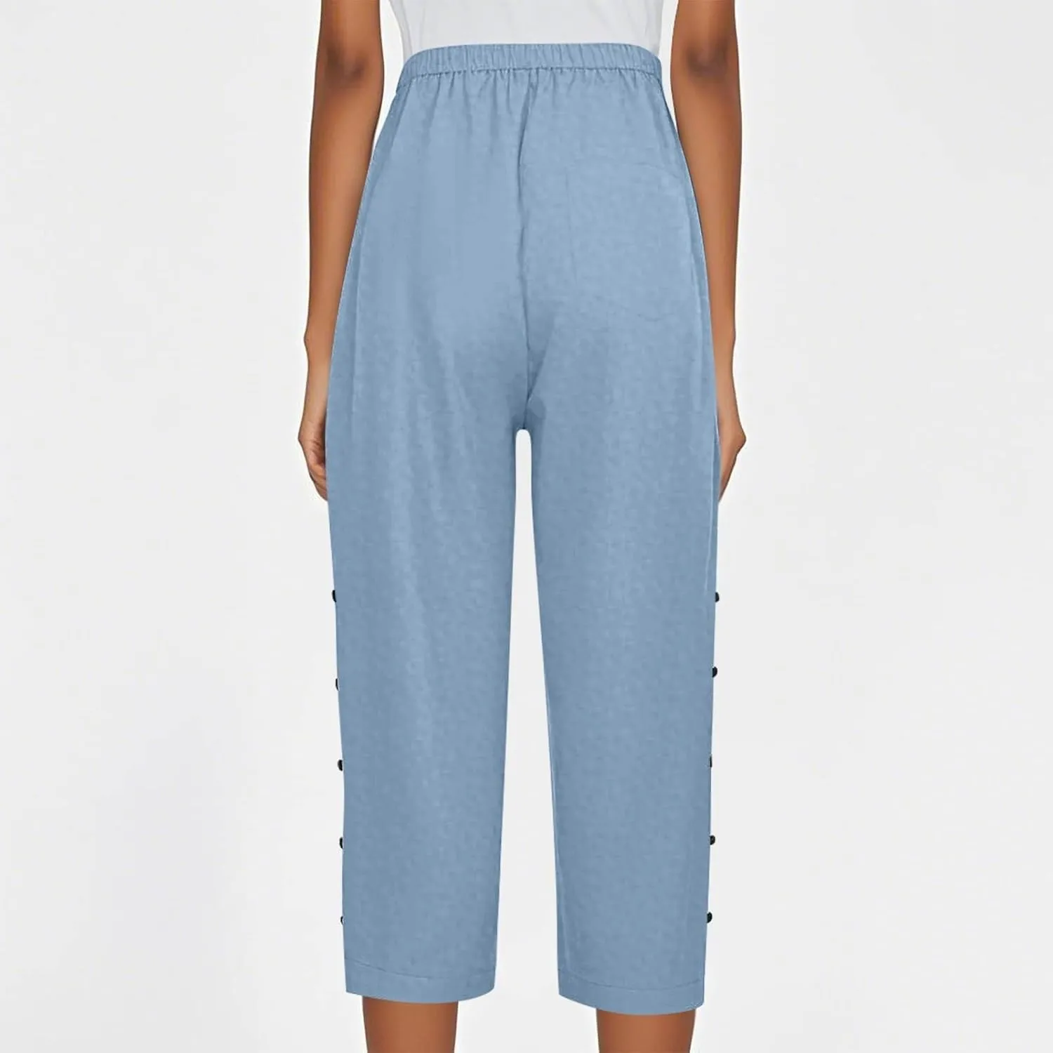 Women's Capri Pants Casual Summer Wide Leg Cotton Linen Cropped Trouser with Pockets Elastic High Waisted Loose Capris