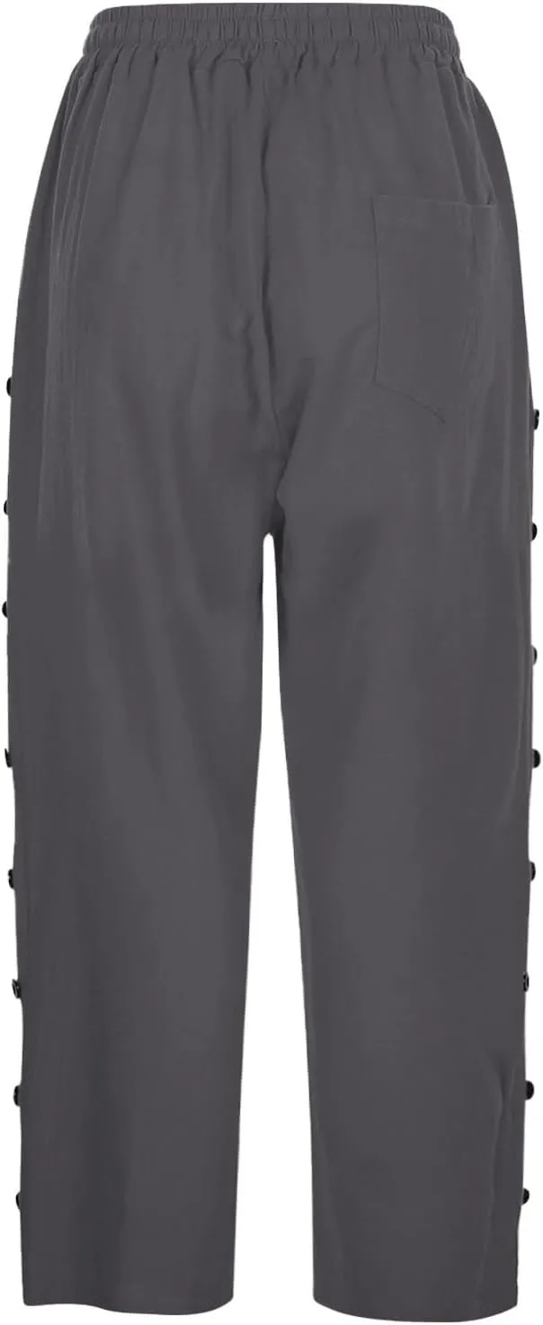 Women's Capri Pants Casual Summer Wide Leg Cotton Linen Cropped Trouser with Pockets Elastic High Waisted Loose Capris