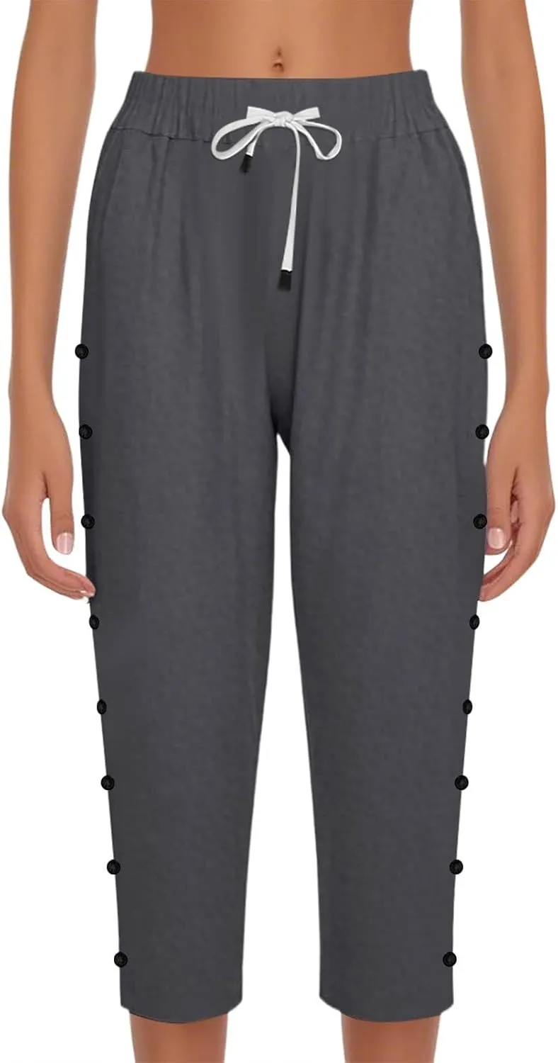 Women's Capri Pants Casual Summer Wide Leg Cotton Linen Cropped Trouser with Pockets Elastic High Waisted Loose Capris