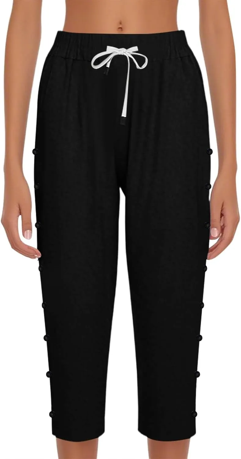 Women's Capri Pants Casual Summer Wide Leg Cotton Linen Cropped Trouser with Pockets Elastic High Waisted Loose Capris