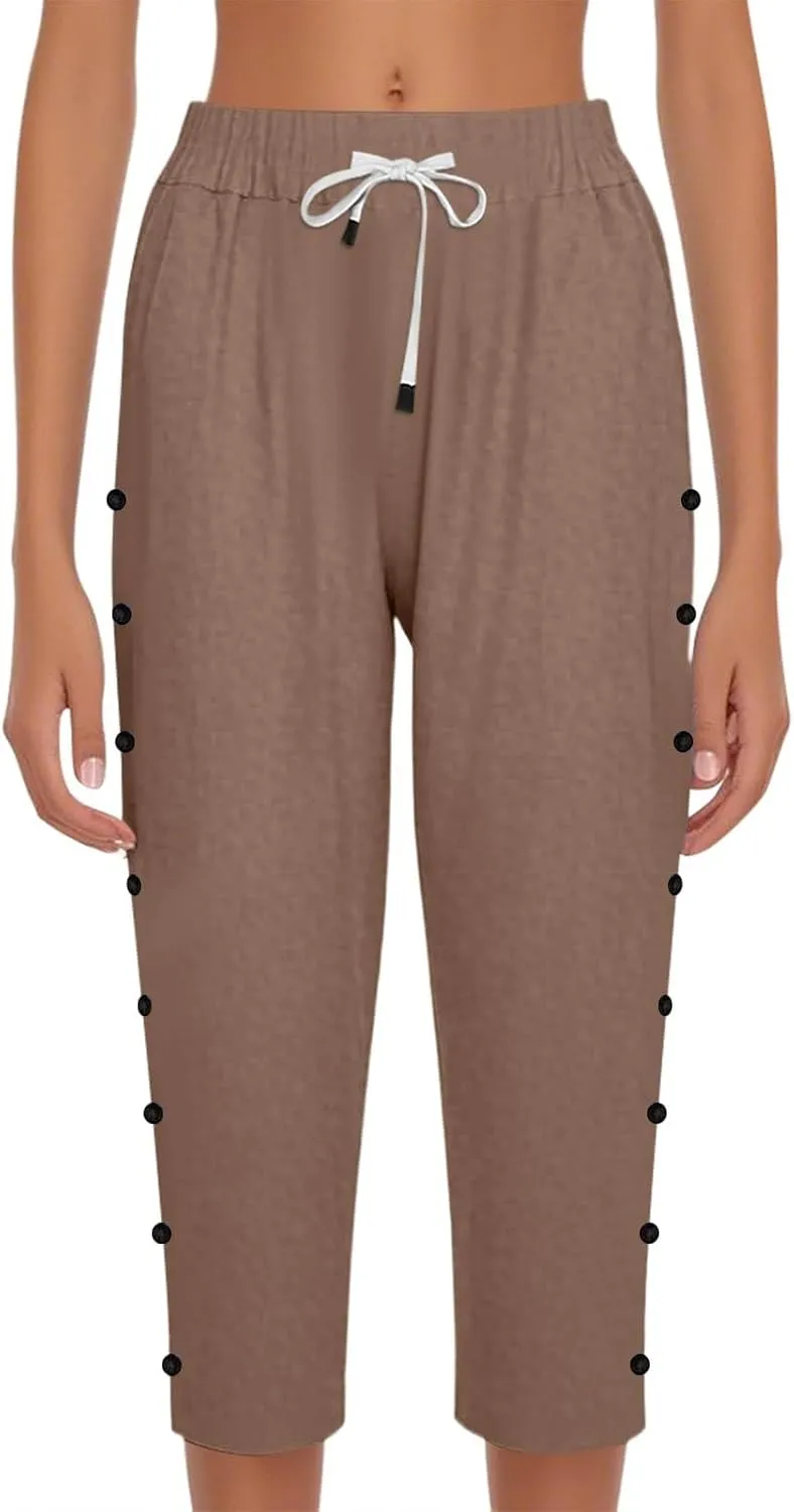 Women's Capri Pants Casual Summer Wide Leg Cotton Linen Cropped Trouser with Pockets Elastic High Waisted Loose Capris
