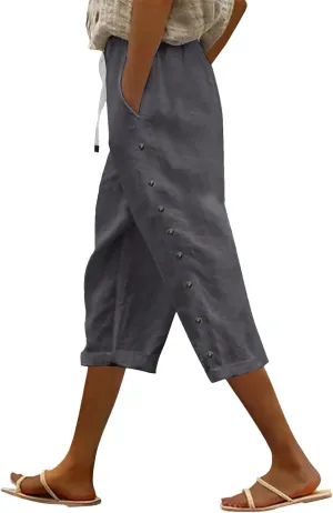 Women's Capri Pants Casual Summer Wide Leg Cotton Linen Cropped Trouser with Pockets Elastic High Waisted Loose Capris
