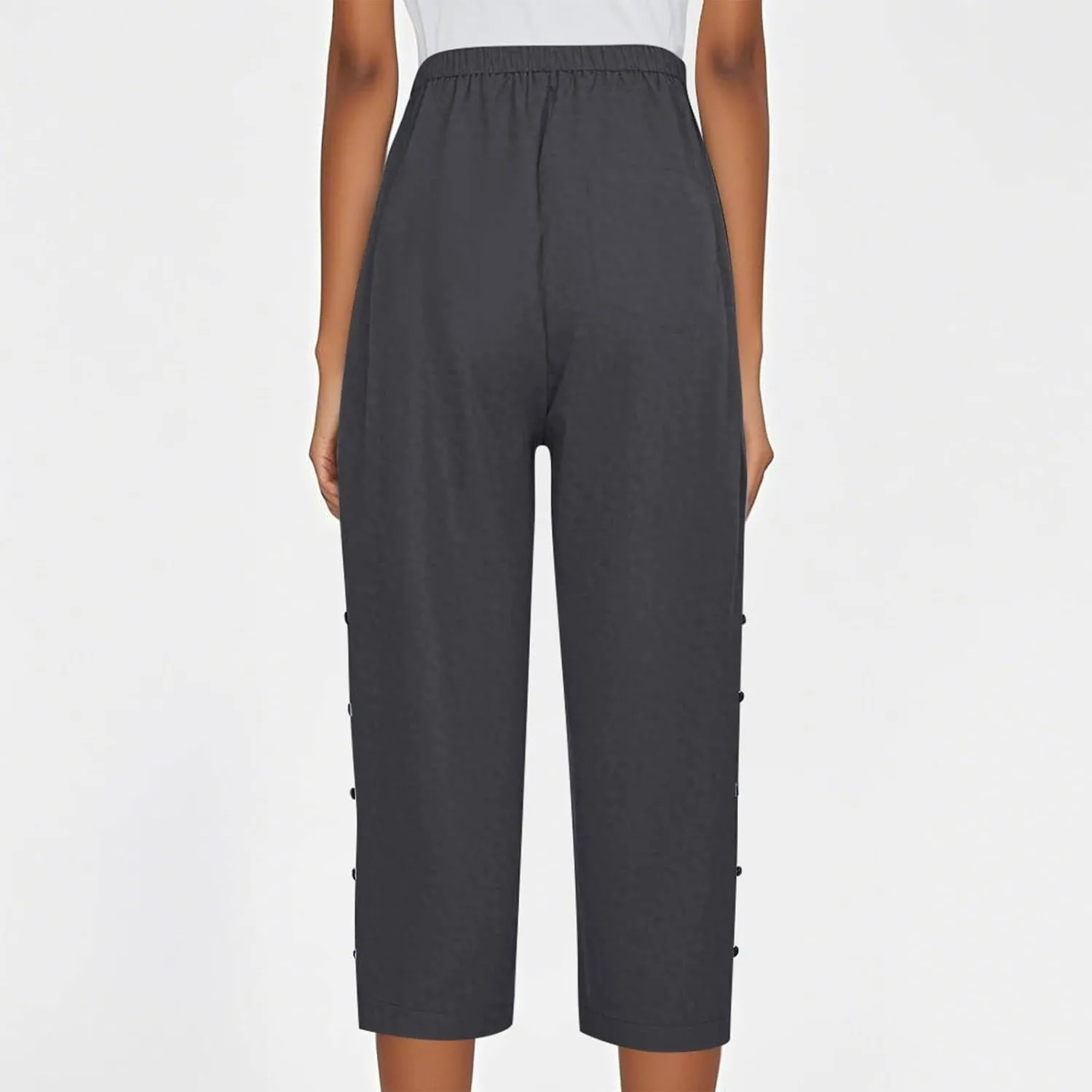 Women's Capri Pants Casual Summer Wide Leg Cotton Linen Cropped Trouser with Pockets Elastic High Waisted Loose Capris