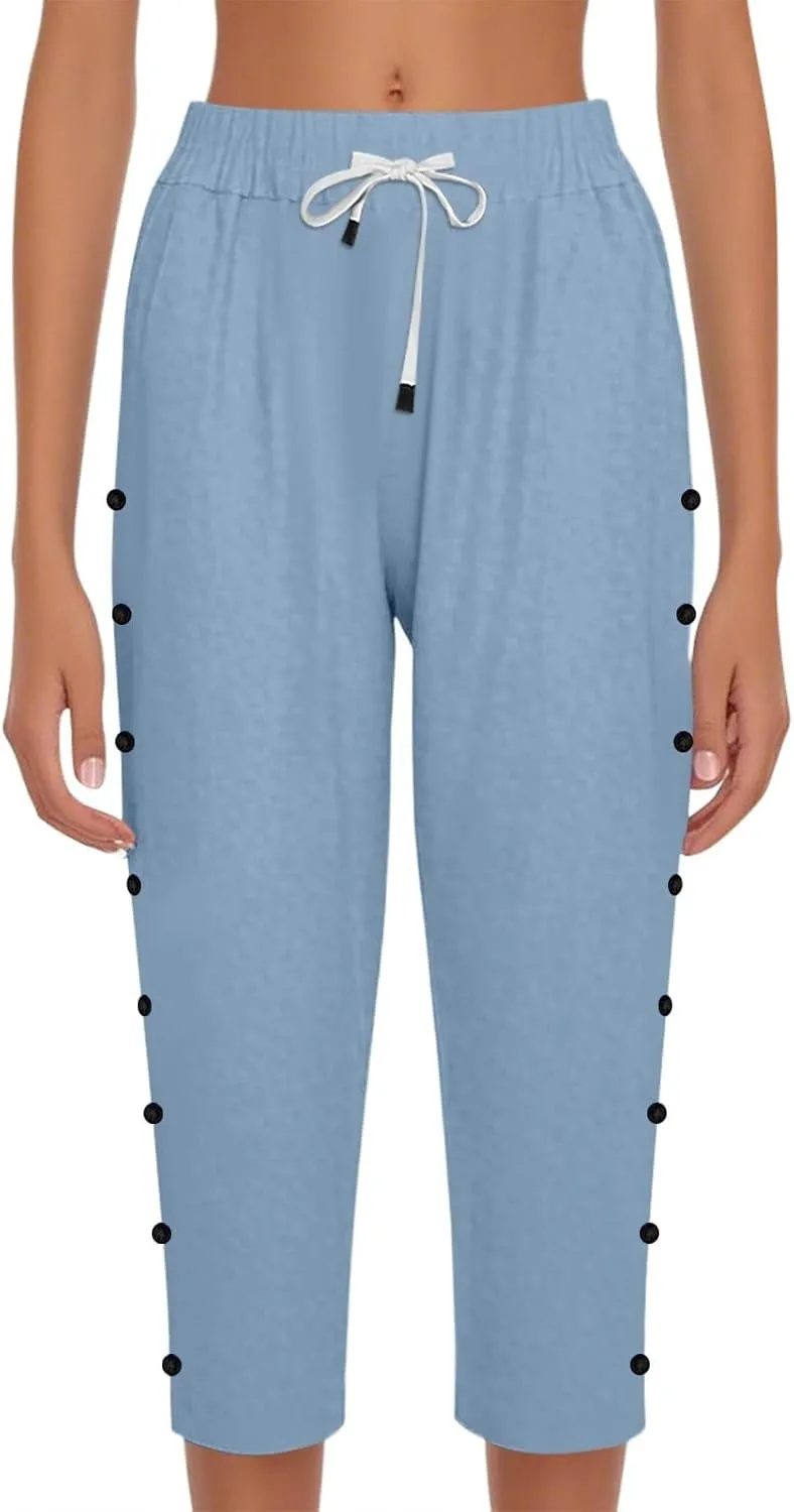 Women's Capri Pants Casual Summer Wide Leg Cotton Linen Cropped Trouser with Pockets Elastic High Waisted Loose Capris