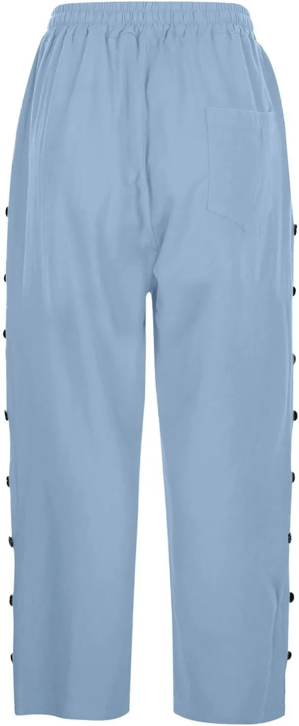 Women's Capri Pants Casual Summer Wide Leg Cotton Linen Cropped Trouser with Pockets Elastic High Waisted Loose Capris