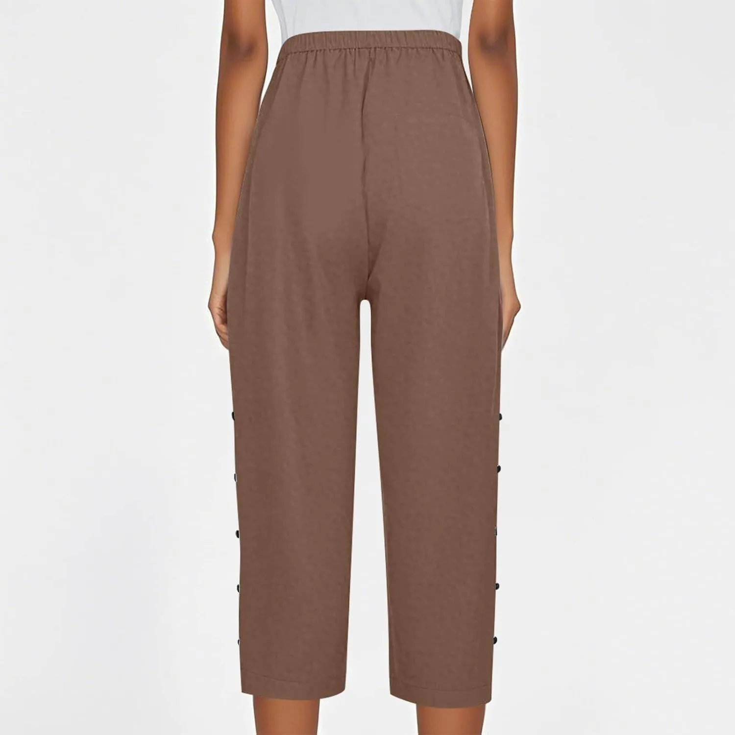 Women's Capri Pants Casual Summer Wide Leg Cotton Linen Cropped Trouser with Pockets Elastic High Waisted Loose Capris