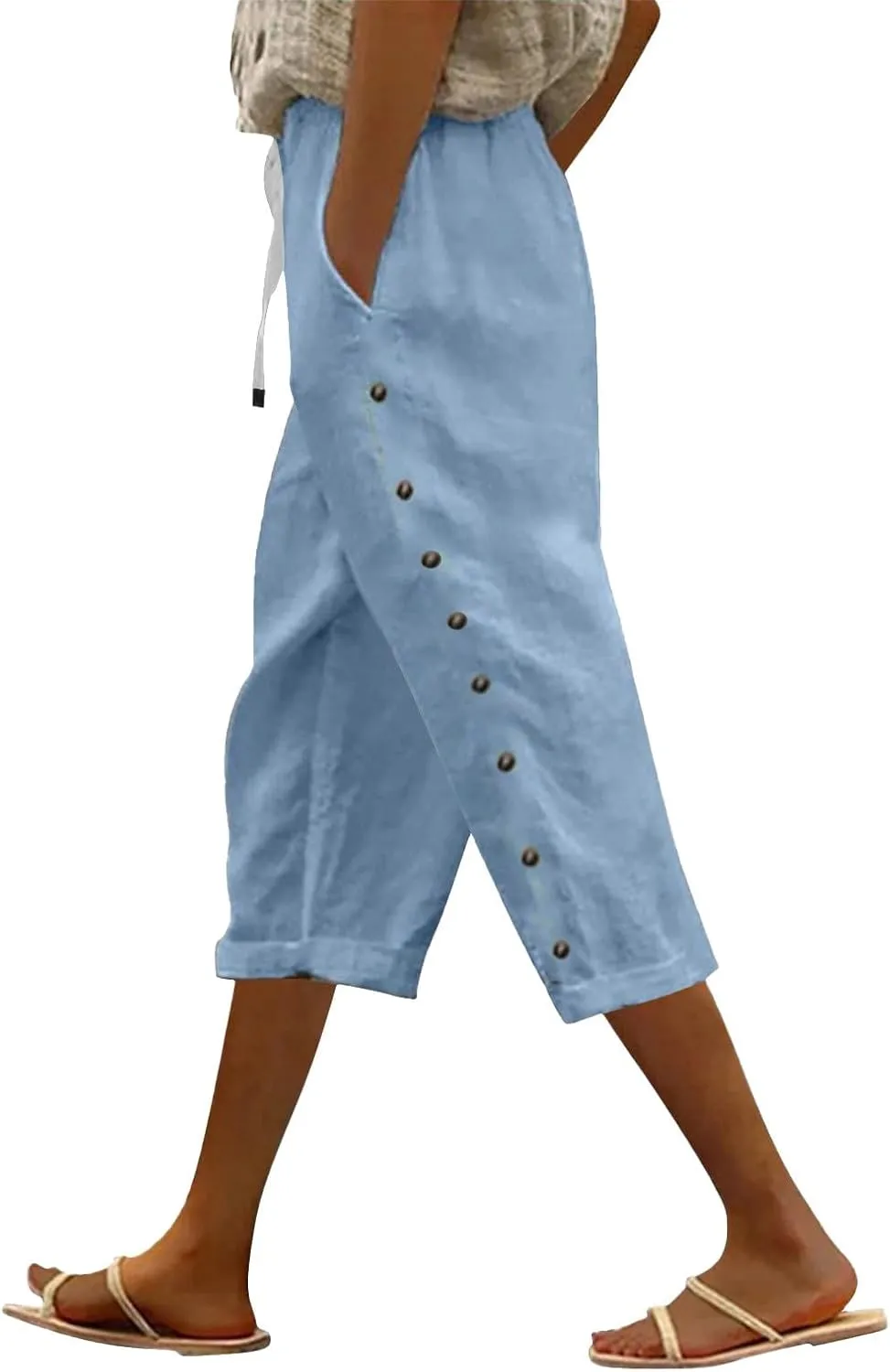 Women's Capri Pants Casual Summer Wide Leg Cotton Linen Cropped Trouser with Pockets Elastic High Waisted Loose Capris