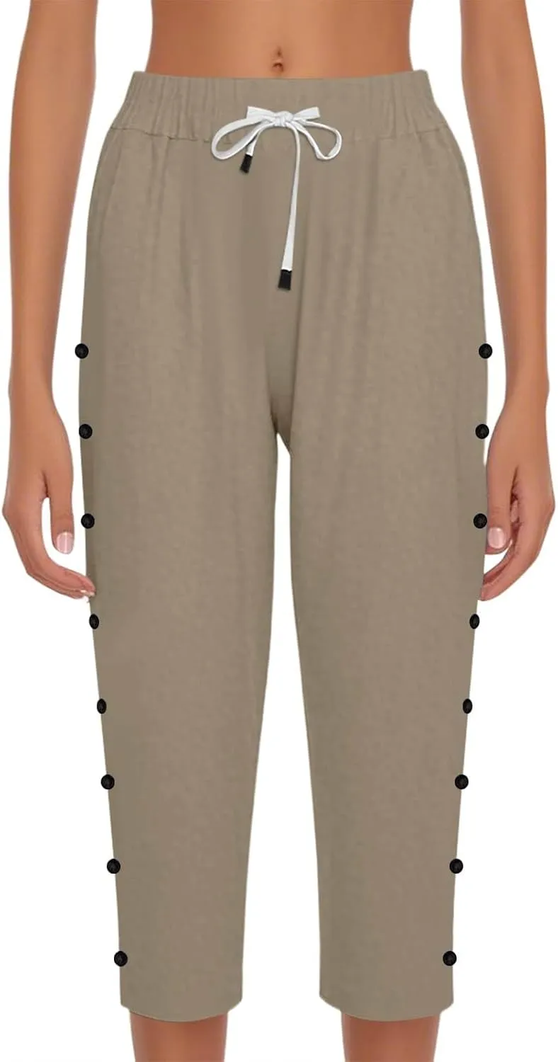 Women's Capri Pants Casual Summer Wide Leg Cotton Linen Cropped Trouser with Pockets Elastic High Waisted Loose Capris