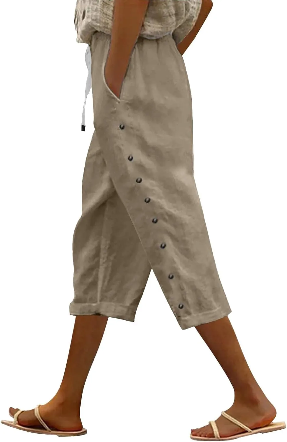 Women's Capri Pants Casual Summer Wide Leg Cotton Linen Cropped Trouser with Pockets Elastic High Waisted Loose Capris