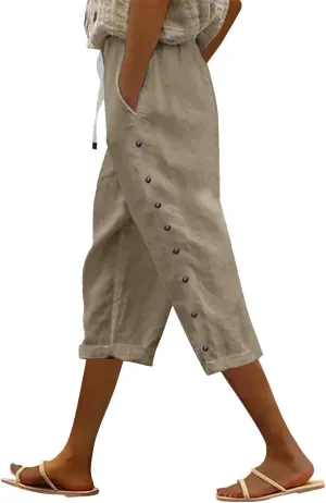 Women's Capri Pants Casual Summer Wide Leg Cotton Linen Cropped Trouser with Pockets Elastic High Waisted Loose Capris