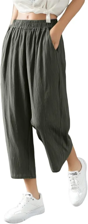 Women's Capri Pants Casual Summer Wide Leg Cotton Linen Pants Elastic Waist Beach Cropped Trouser Capris with Pocket