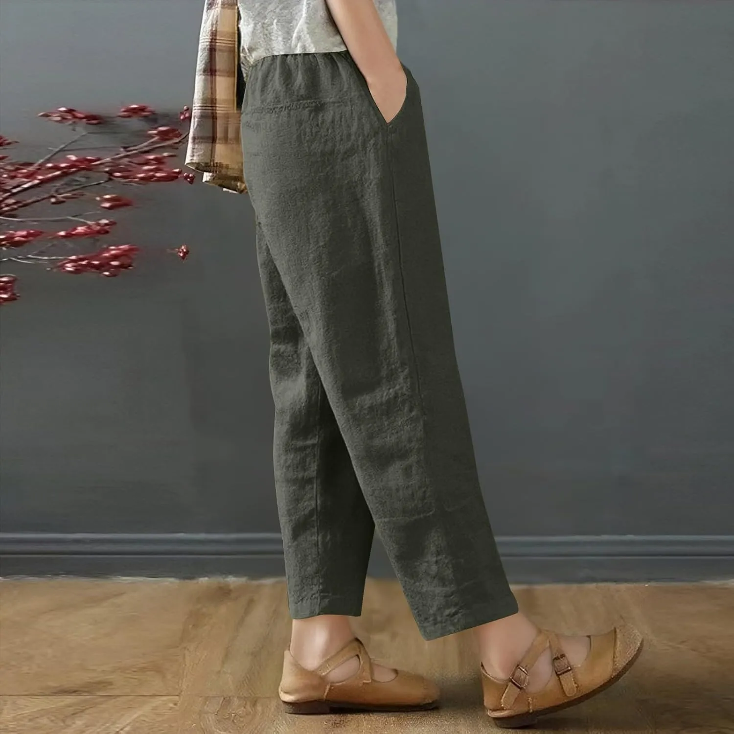Women's Capri Pants Casual Summer Wide Leg Cotton Linen Pants Elastic Waist Beach Cropped Trouser Capris with Pocket