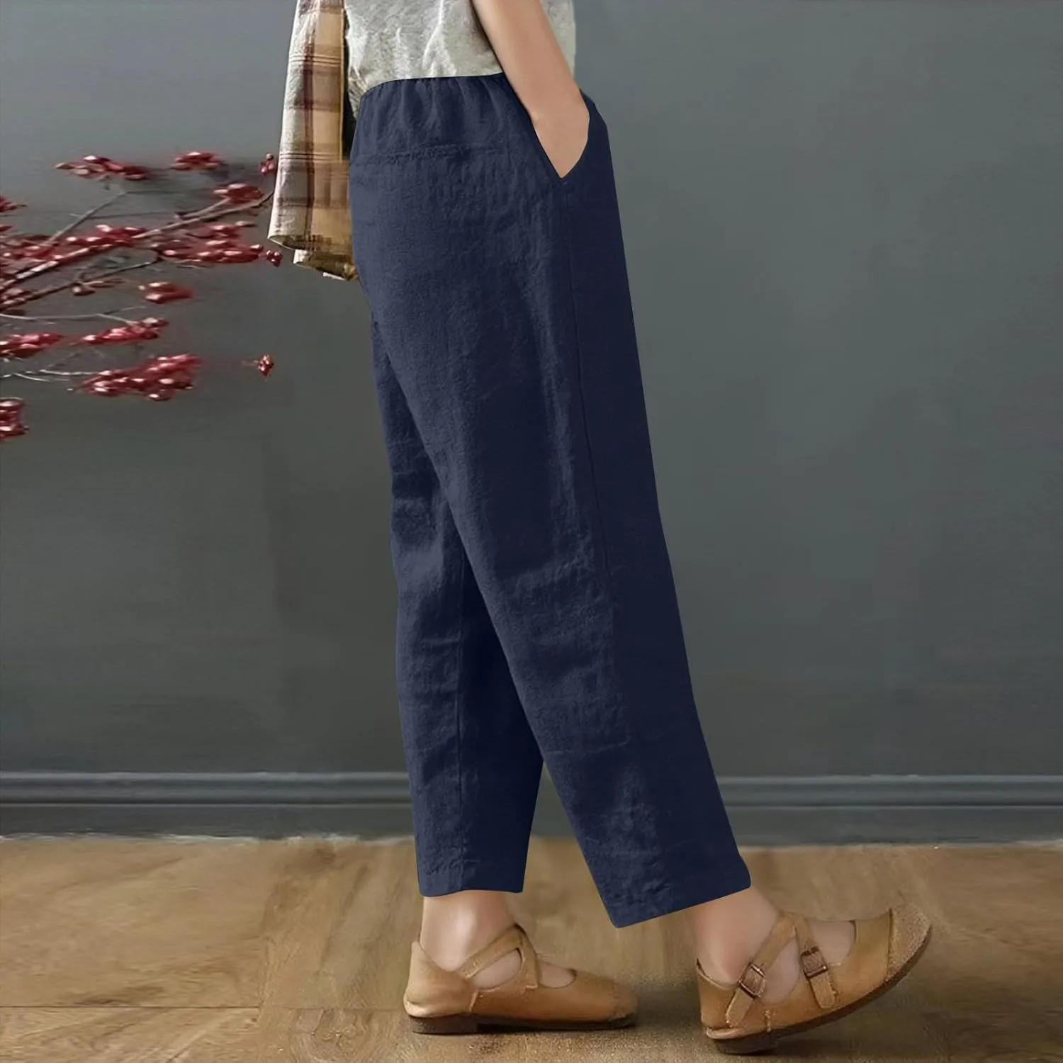 Women's Capri Pants Casual Summer Wide Leg Cotton Linen Pants Elastic Waist Beach Cropped Trouser Capris with Pocket