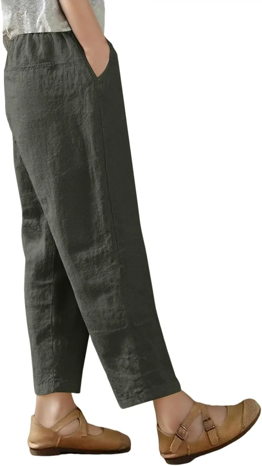 Women's Capri Pants Casual Summer Wide Leg Cotton Linen Pants Elastic Waist Beach Cropped Trouser Capris with Pocket