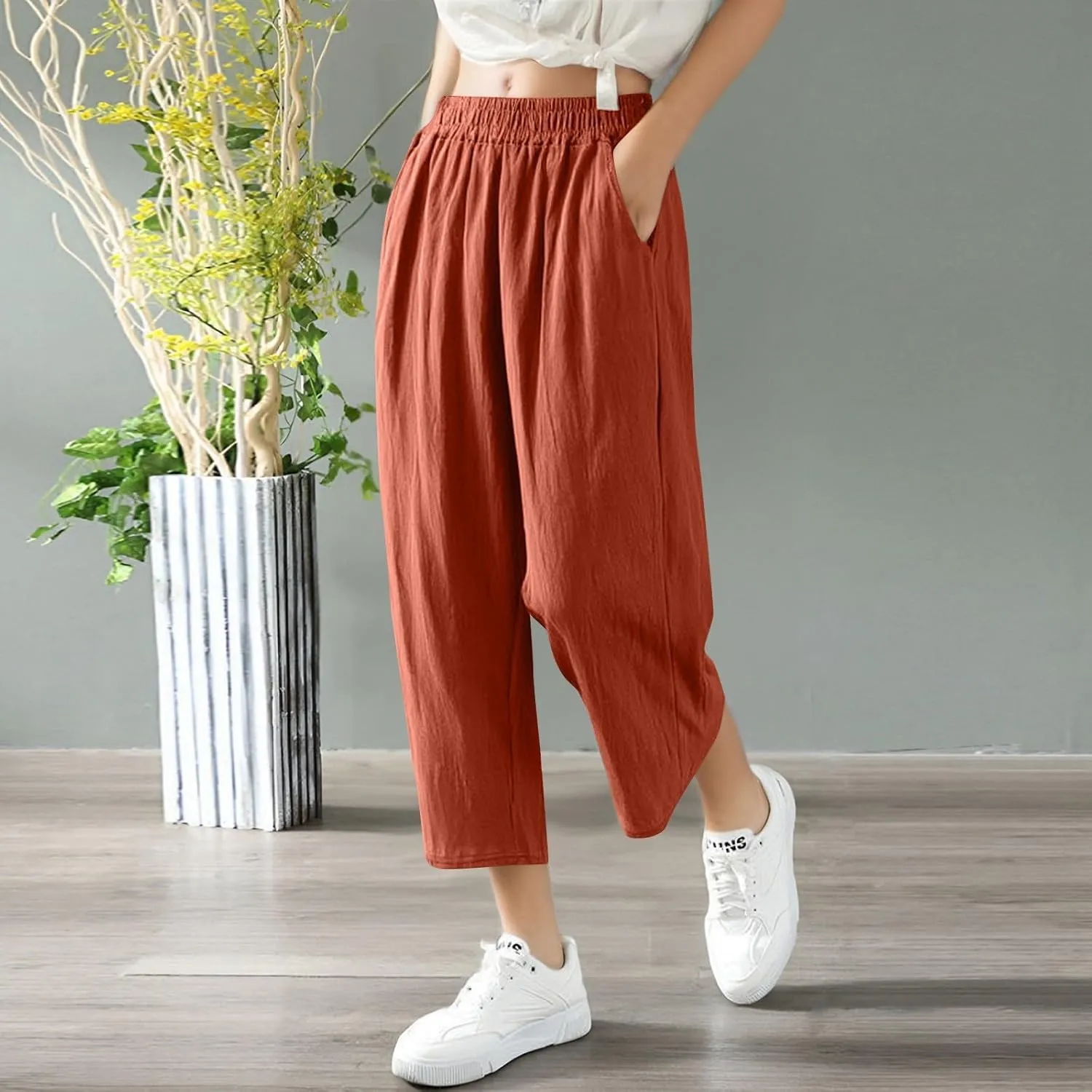 Women's Capri Pants Casual Summer Wide Leg Cotton Linen Pants Elastic Waist Beach Cropped Trouser Capris with Pocket
