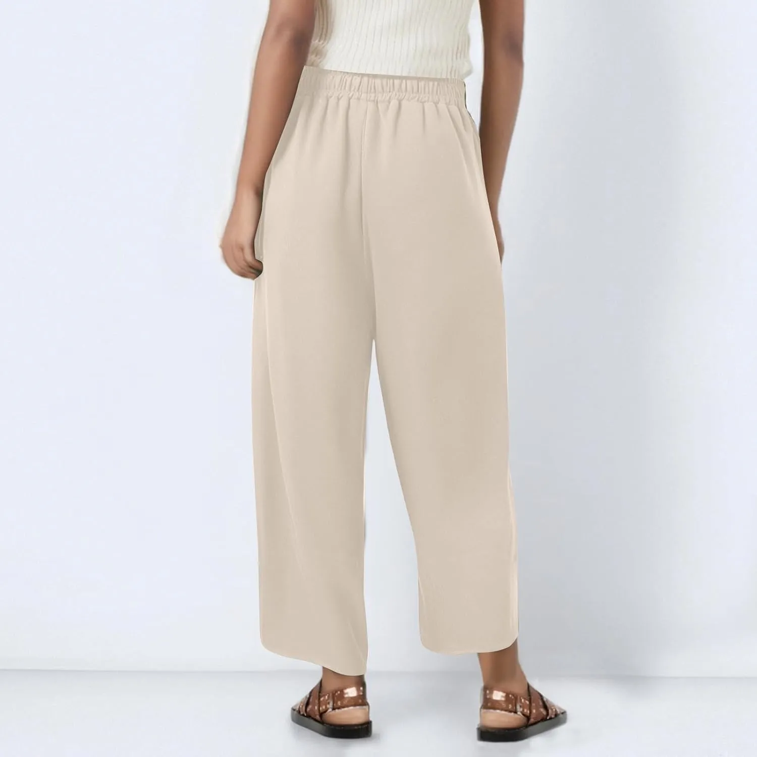 Women's Capri Pants Casual Summer Wide Leg Cotton Linen Pants Elastic Waist Beach Cropped Trouser Capris with Pocket