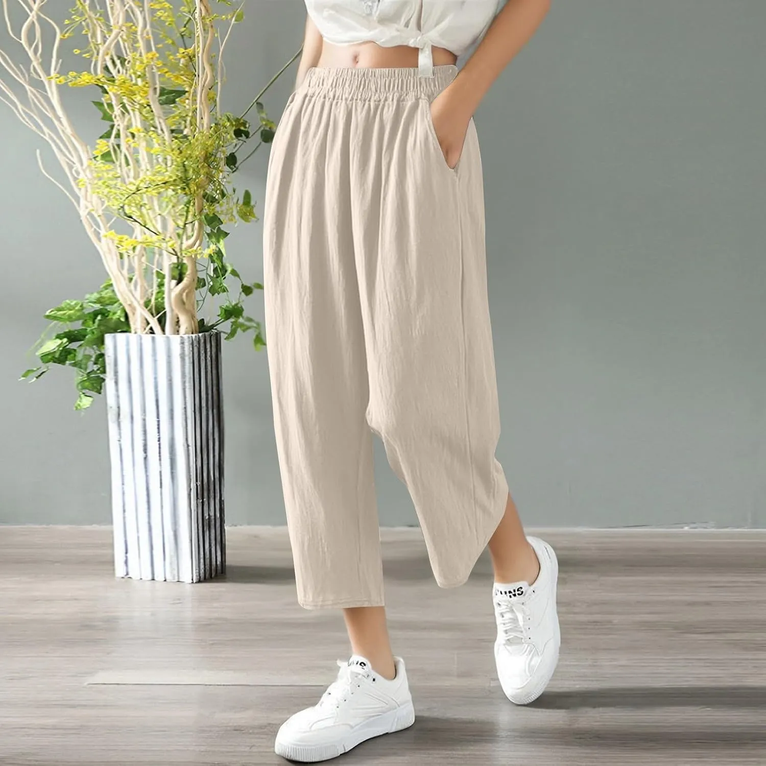 Women's Capri Pants Casual Summer Wide Leg Cotton Linen Pants Elastic Waist Beach Cropped Trouser Capris with Pocket