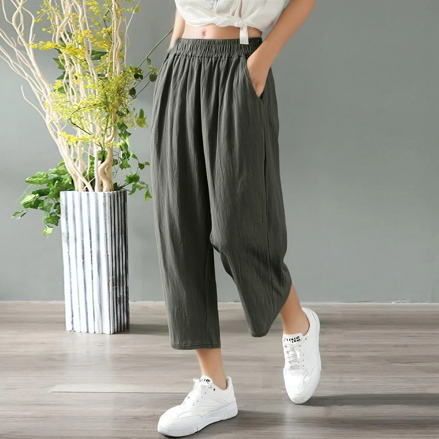 Women's Capri Pants Casual Summer Wide Leg Cotton Linen Pants Elastic Waist Beach Cropped Trouser Capris with Pocket