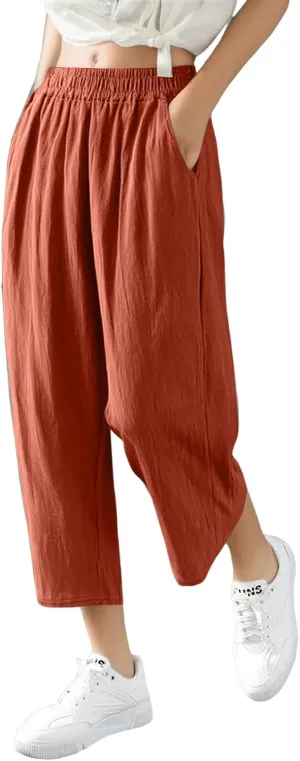 Women's Capri Pants Casual Summer Wide Leg Cotton Linen Pants Elastic Waist Beach Cropped Trouser Capris with Pocket