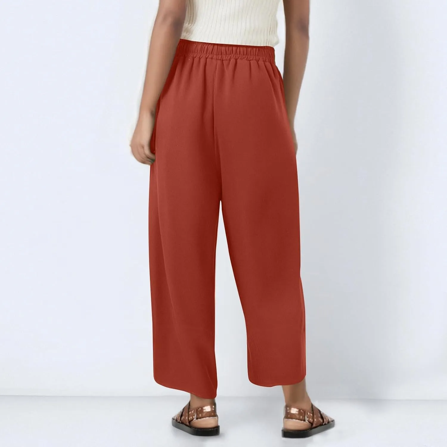 Women's Capri Pants Casual Summer Wide Leg Cotton Linen Pants Elastic Waist Beach Cropped Trouser Capris with Pocket