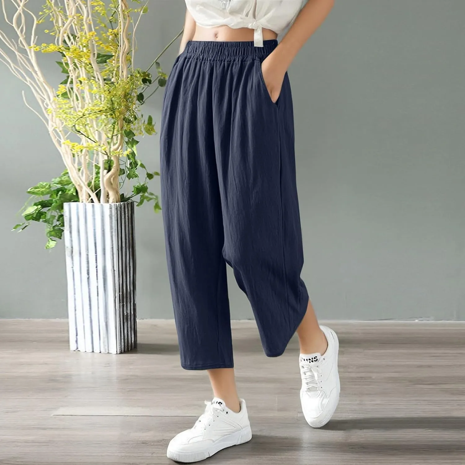 Women's Capri Pants Casual Summer Wide Leg Cotton Linen Pants Elastic Waist Beach Cropped Trouser Capris with Pocket
