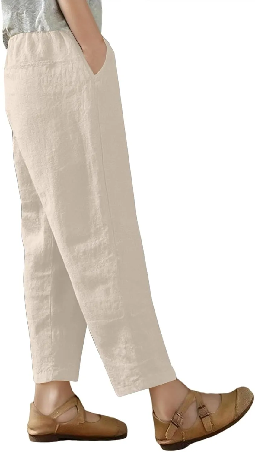 Women's Capri Pants Casual Summer Wide Leg Cotton Linen Pants Elastic Waist Beach Cropped Trouser Capris with Pocket