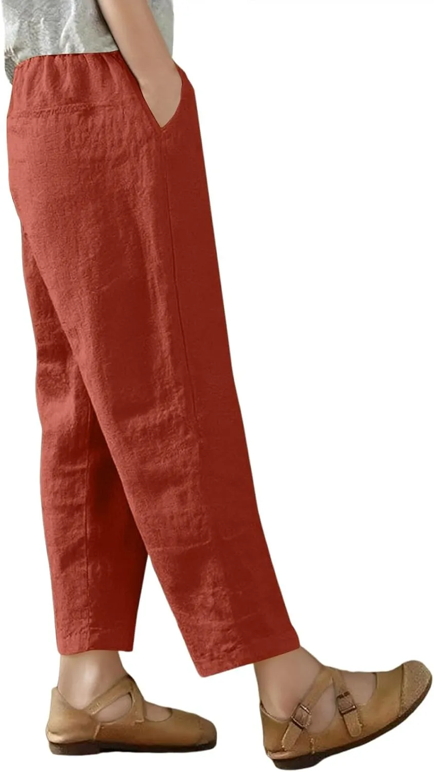 Women's Capri Pants Casual Summer Wide Leg Cotton Linen Pants Elastic Waist Beach Cropped Trouser Capris with Pocket