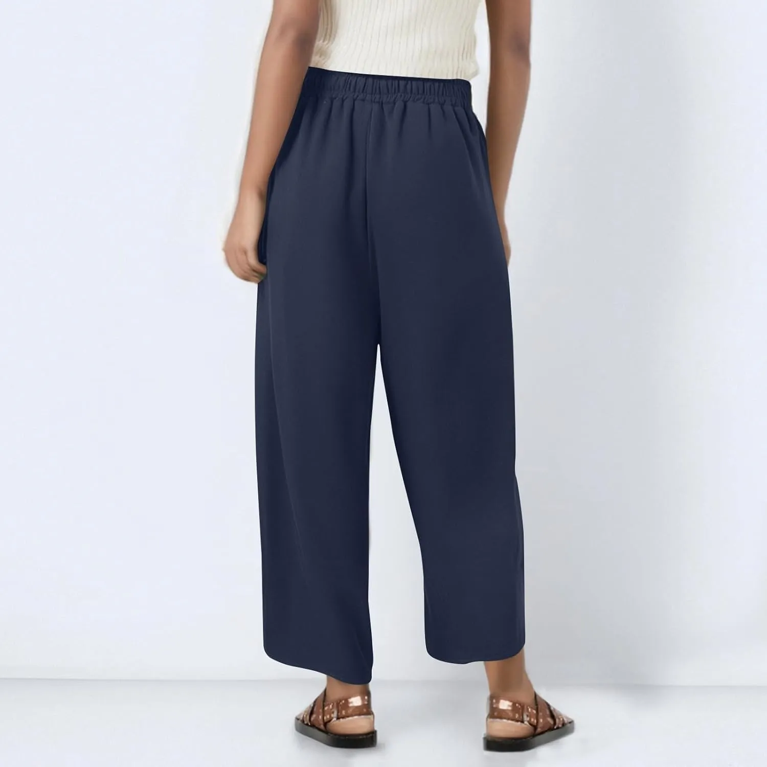 Women's Capri Pants Casual Summer Wide Leg Cotton Linen Pants Elastic Waist Beach Cropped Trouser Capris with Pocket
