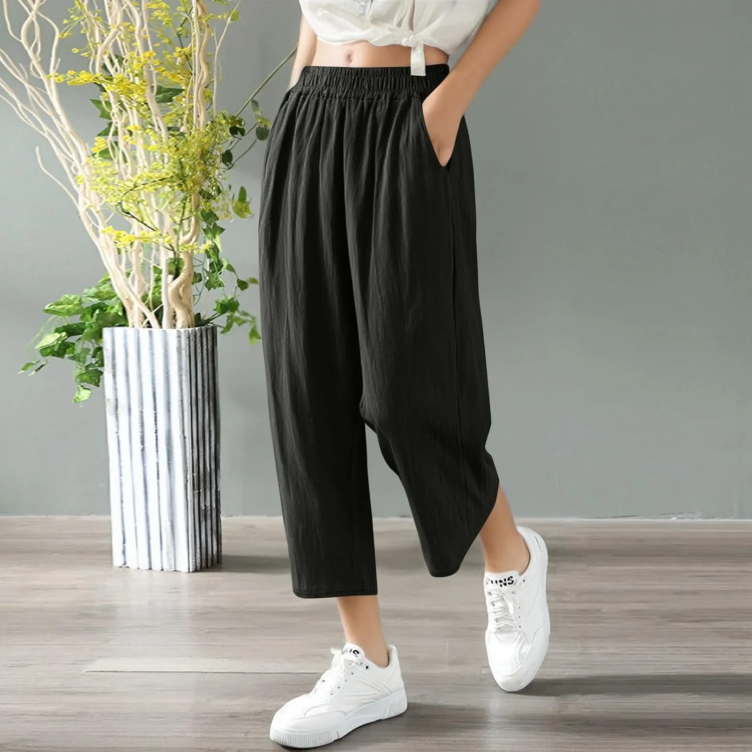 Women's Capri Pants Casual Summer Wide Leg Cotton Linen Pants Elastic Waist Beach Cropped Trouser Capris with Pocket