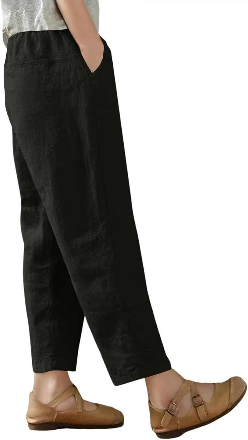 Women's Capri Pants Casual Summer Wide Leg Cotton Linen Pants Elastic Waist Beach Cropped Trouser Capris with Pocket