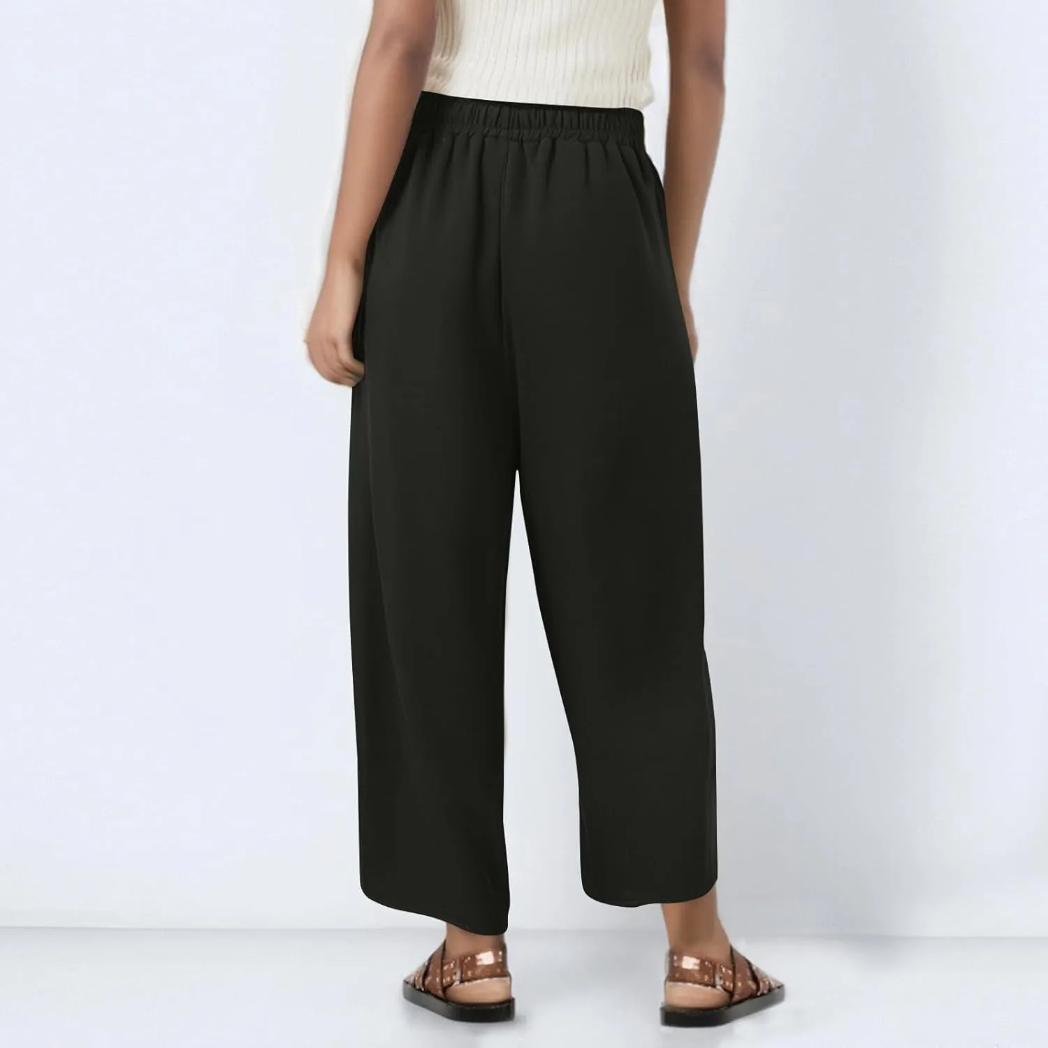 Women's Capri Pants Casual Summer Wide Leg Cotton Linen Pants Elastic Waist Beach Cropped Trouser Capris with Pocket