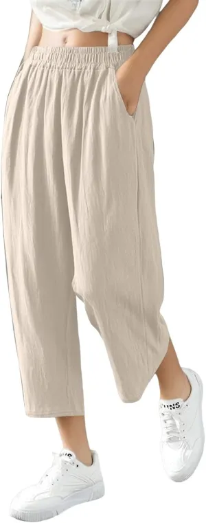 Women's Capri Pants Casual Summer Wide Leg Cotton Linen Pants Elastic Waist Beach Cropped Trouser Capris with Pocket