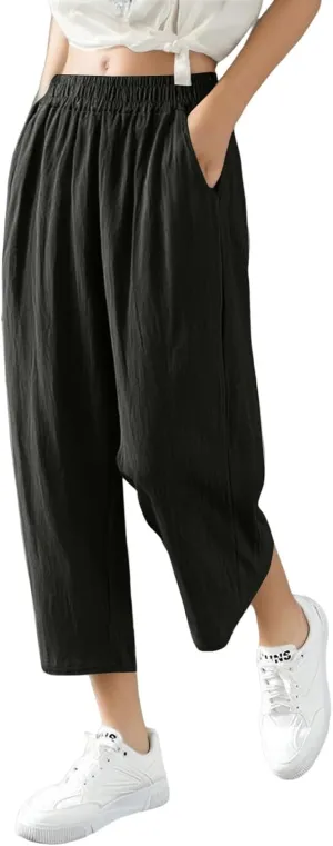 Women's Capri Pants Casual Summer Wide Leg Cotton Linen Pants Elastic Waist Beach Cropped Trouser Capris with Pocket