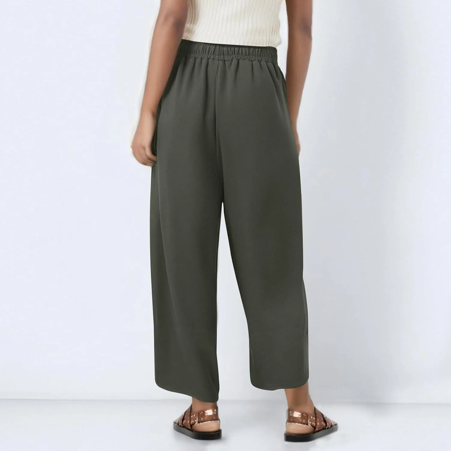 Women's Capri Pants Casual Summer Wide Leg Cotton Linen Pants Elastic Waist Beach Cropped Trouser Capris with Pocket