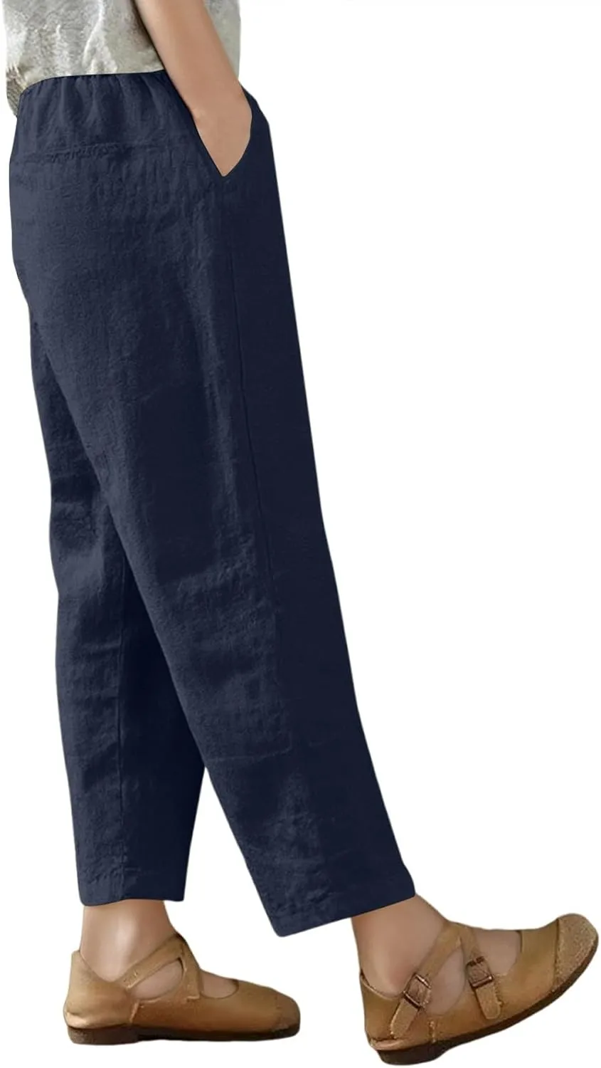 Women's Capri Pants Casual Summer Wide Leg Cotton Linen Pants Elastic Waist Beach Cropped Trouser Capris with Pocket
