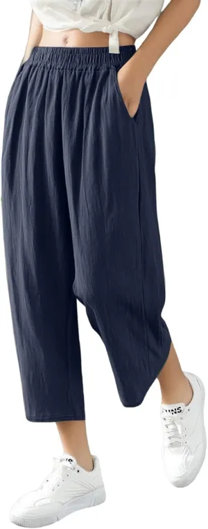 Women's Capri Pants Casual Summer Wide Leg Cotton Linen Pants Elastic Waist Beach Cropped Trouser Capris with Pocket