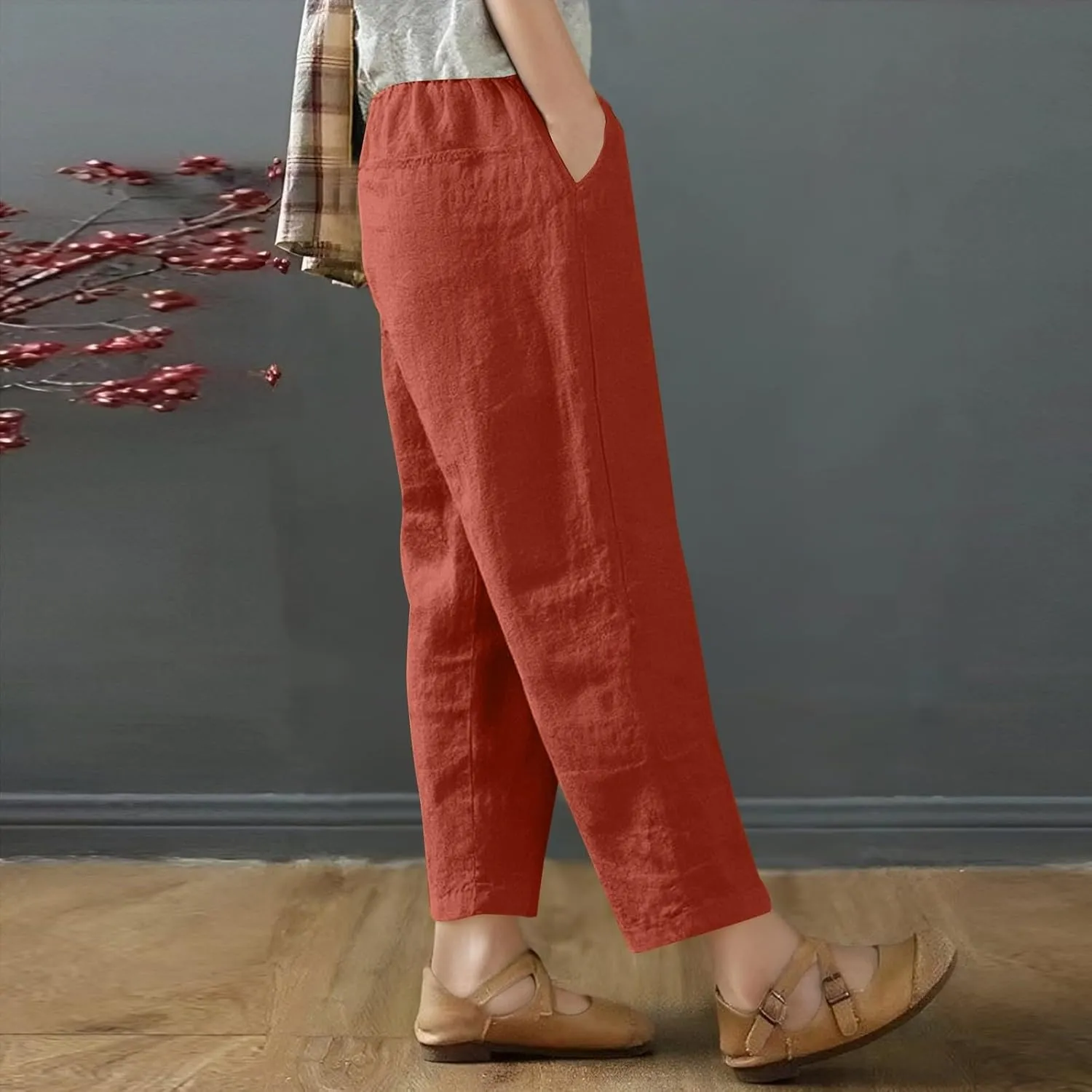 Women's Capri Pants Casual Summer Wide Leg Cotton Linen Pants Elastic Waist Beach Cropped Trouser Capris with Pocket