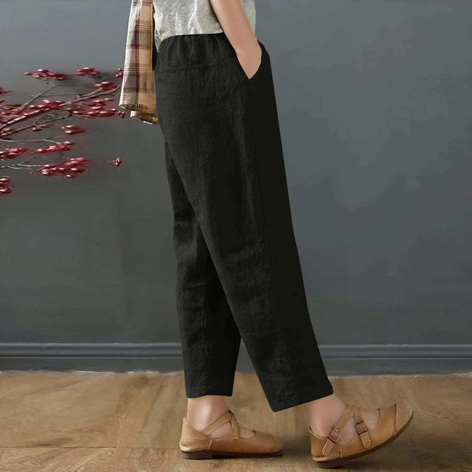 Women's Capri Pants Casual Summer Wide Leg Cotton Linen Pants Elastic Waist Beach Cropped Trouser Capris with Pocket