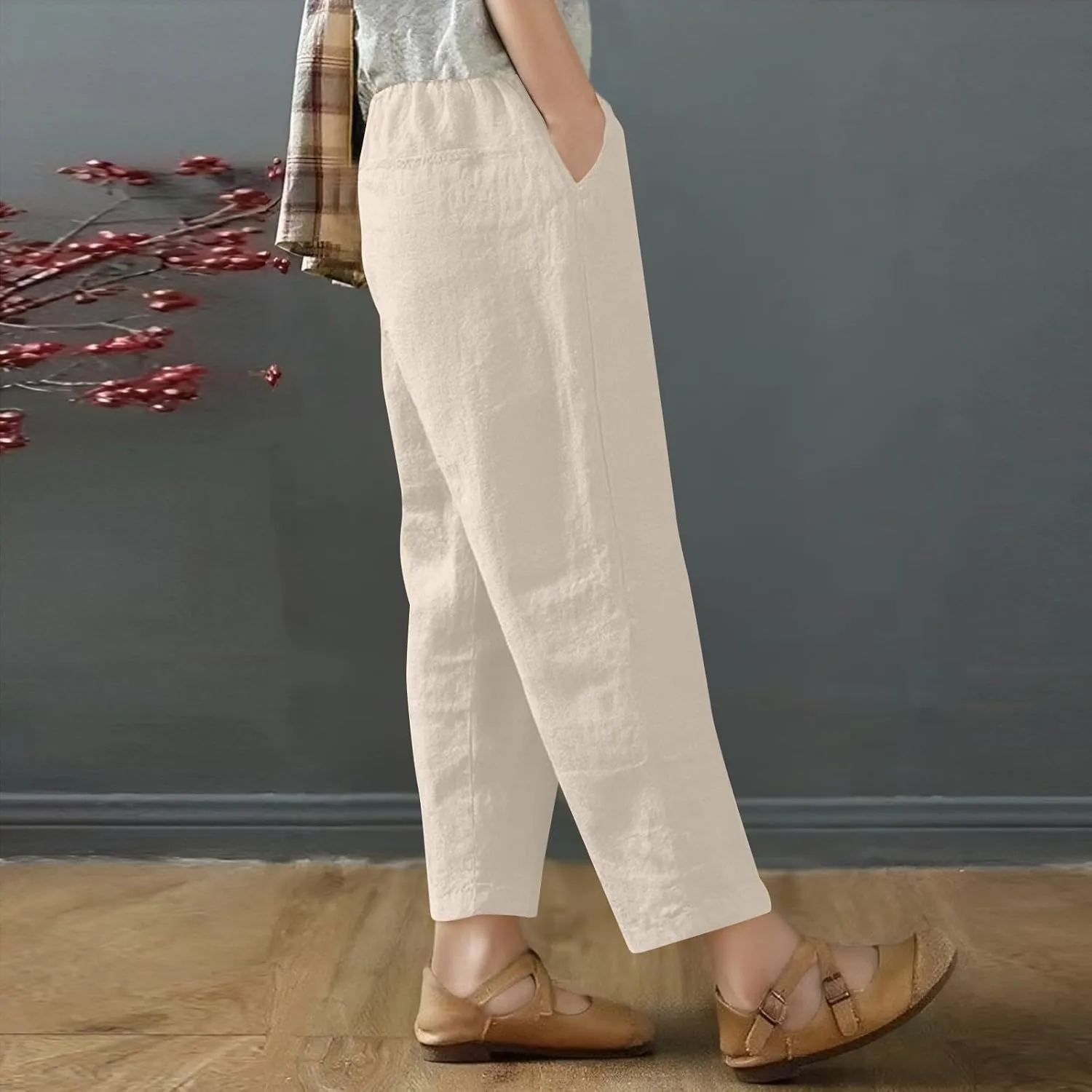 Women's Capri Pants Casual Summer Wide Leg Cotton Linen Pants Elastic Waist Beach Cropped Trouser Capris with Pocket