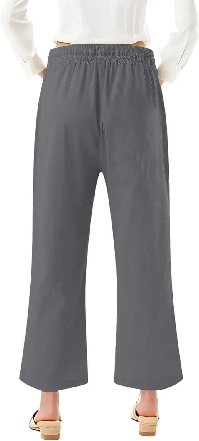 Women's Capri Pants Elastic High Waisted Cotton Linen Capris Casual Summer Loose Wide Leg Cropped Trouser with Pockets