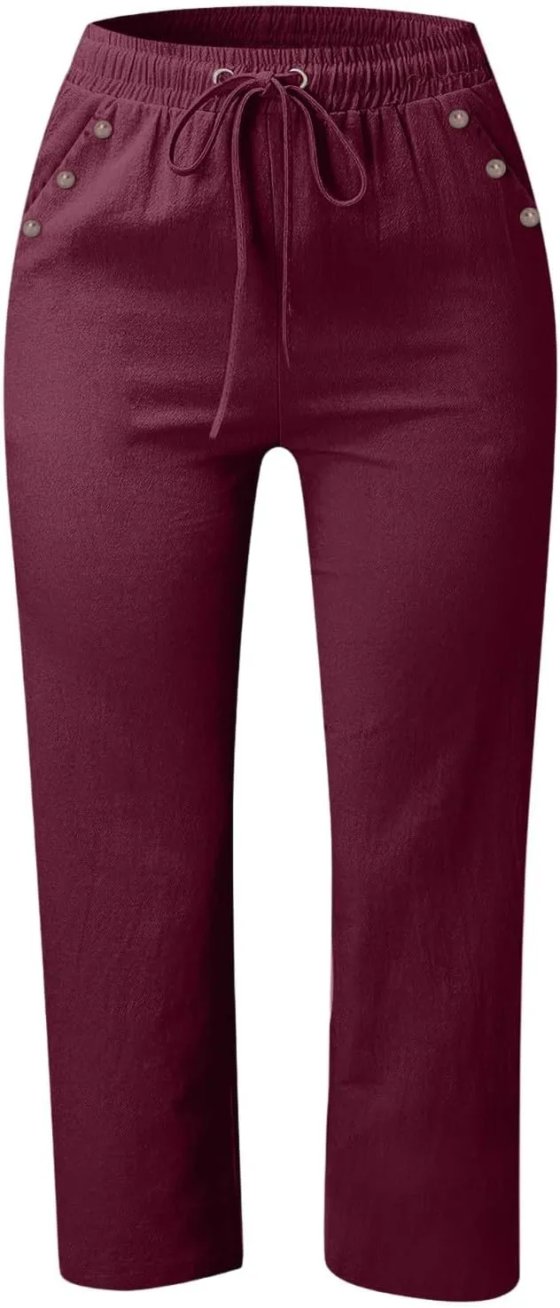 Women's Capri Pants Elastic High Waisted Cotton Linen Capris Casual Summer Loose Wide Leg Cropped Trouser with Pockets