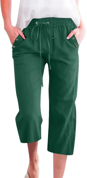 Women's Capri Pants Elastic High Waisted Cotton Linen Capris Casual Summer Loose Wide Leg Cropped Trouser with Pockets