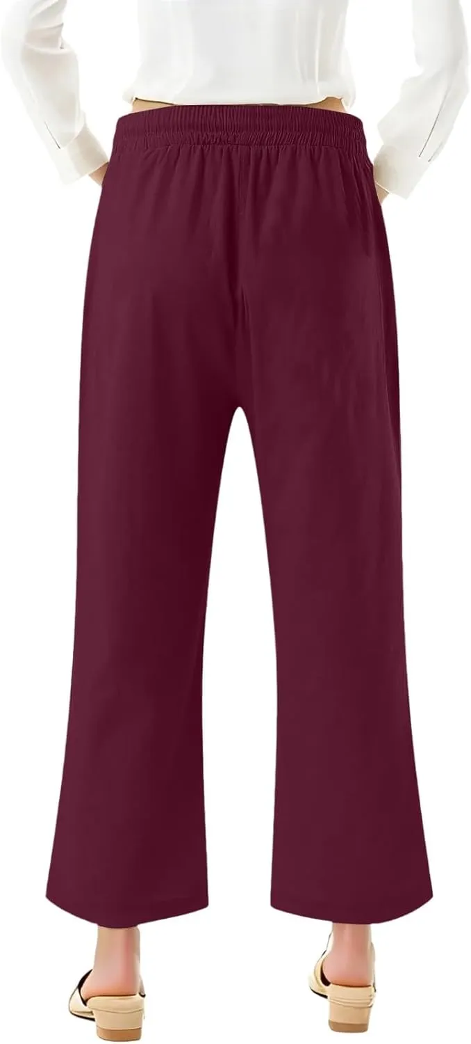 Women's Capri Pants Elastic High Waisted Cotton Linen Capris Casual Summer Loose Wide Leg Cropped Trouser with Pockets