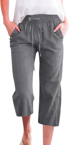 Women's Capri Pants Elastic High Waisted Cotton Linen Capris Casual Summer Loose Wide Leg Cropped Trouser with Pockets