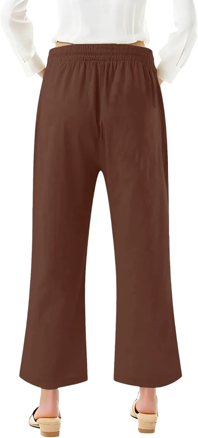 Women's Capri Pants Elastic High Waisted Cotton Linen Capris Casual Summer Loose Wide Leg Cropped Trouser with Pockets