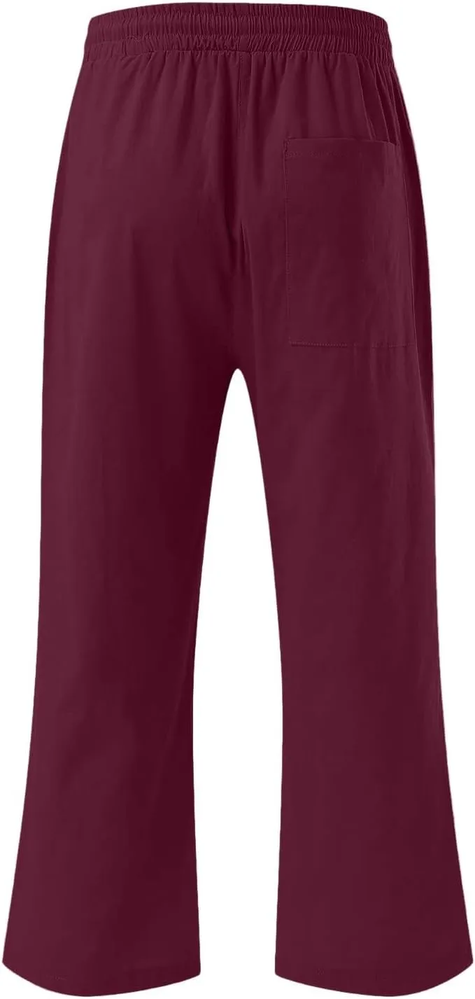 Women's Capri Pants Elastic High Waisted Cotton Linen Capris Casual Summer Loose Wide Leg Cropped Trouser with Pockets