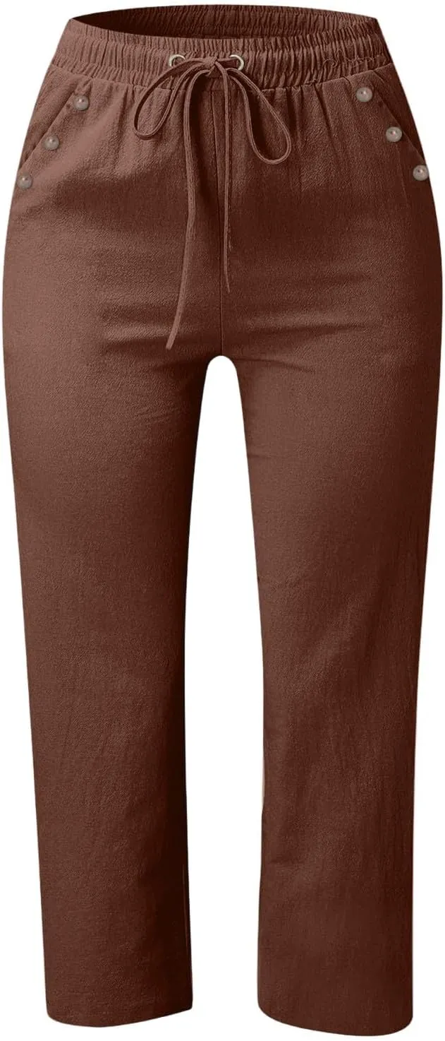 Women's Capri Pants Elastic High Waisted Cotton Linen Capris Casual Summer Loose Wide Leg Cropped Trouser with Pockets